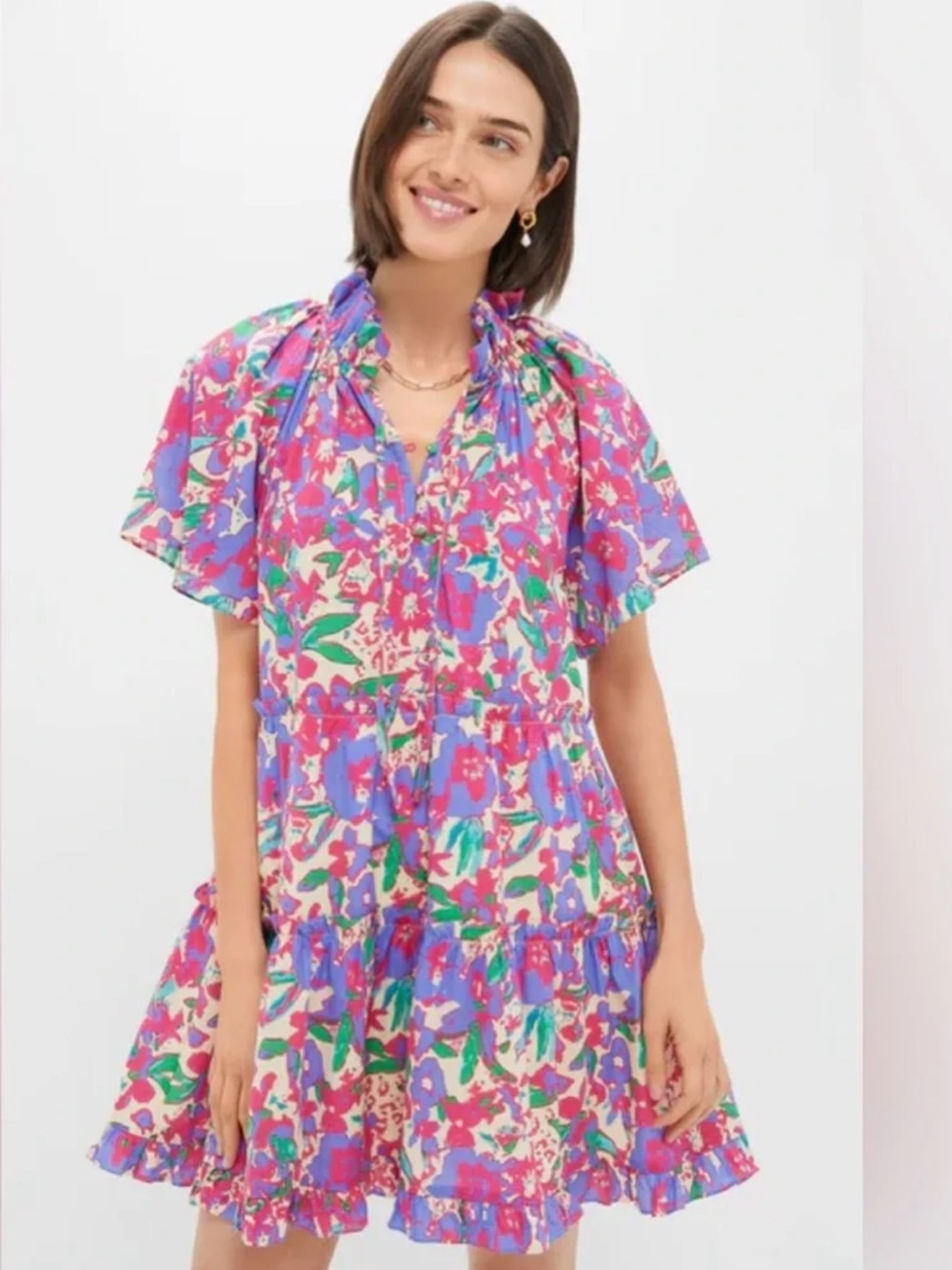 Tuckernuck Pink, Purple & Green Floral Ruffle Tiered Dress NWOT